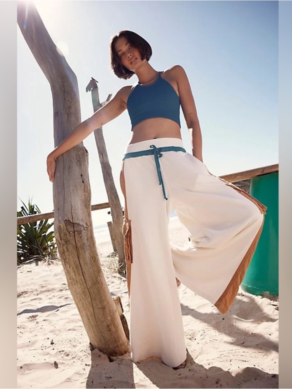 Free People FP Movement Playoff Colorblock Wide-Legs Pants Size Medium Ivory Tan - Picture 4 of 16